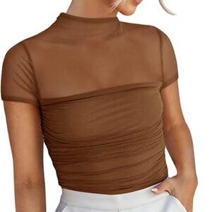 NWT Brown Mesh Mock Neck Bodysuit